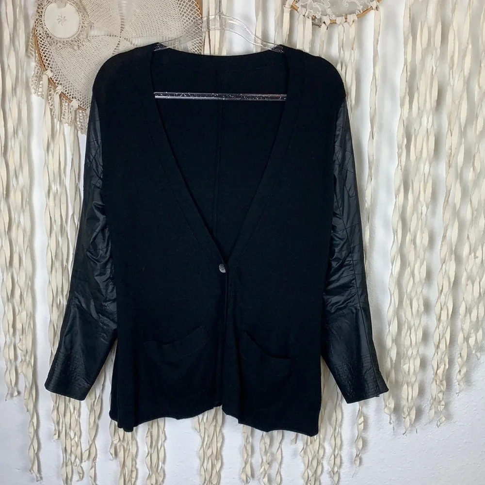 Sacai Black Button Down Cardigan with Quilted Nylon Sleeves and Wrist Zippers